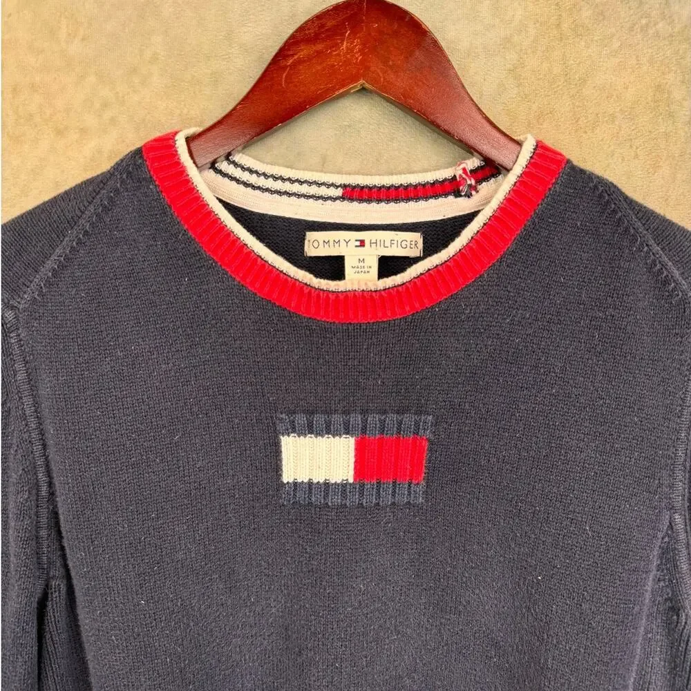 VTG 90s Tommy Hilfiger Flag Knit Sweater Womans Sz M Navy Blue Japan - Picture 5 of 6